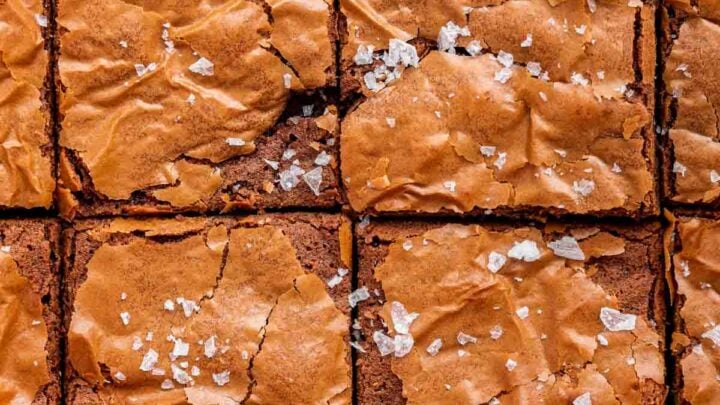 Up close macro shot of 3 ingredient brownies cut into squares.