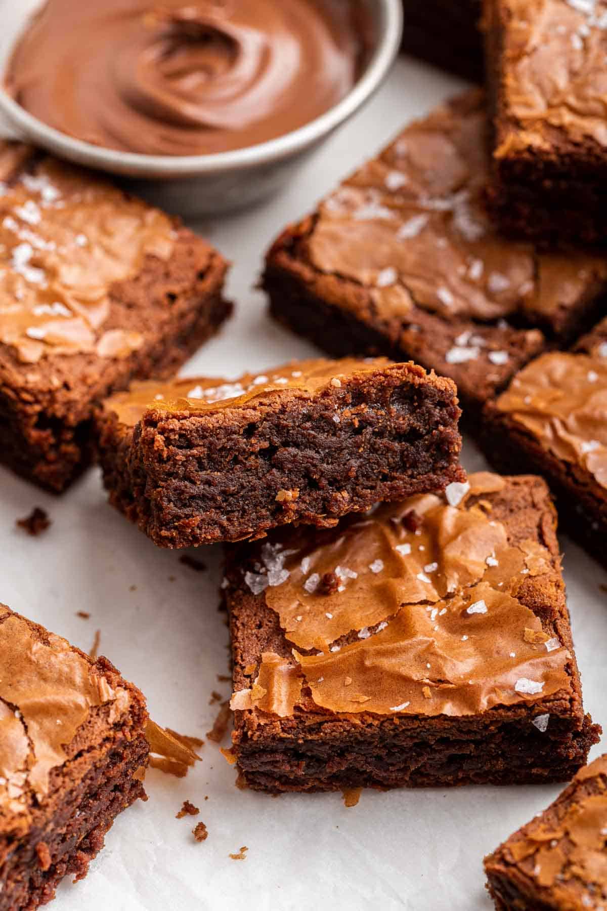 Profile view of a 3 ingredient brownie with salt on top.