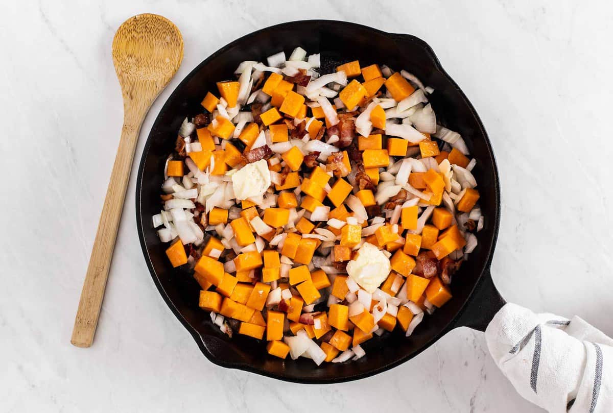 Butternut squash and bacon pieces.