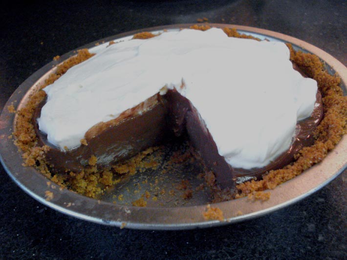 Mini Chocolate Cream Pie for Two. Made in a small pie pan that measures 6" across.