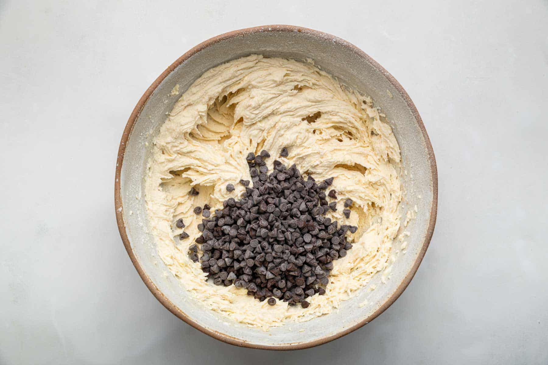 Pale yellow batter with mini chocolate chips on top.