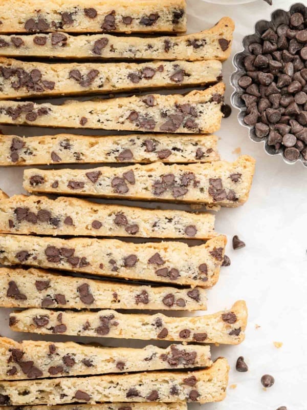 Chocolate chip shortbread sticks in fingers.