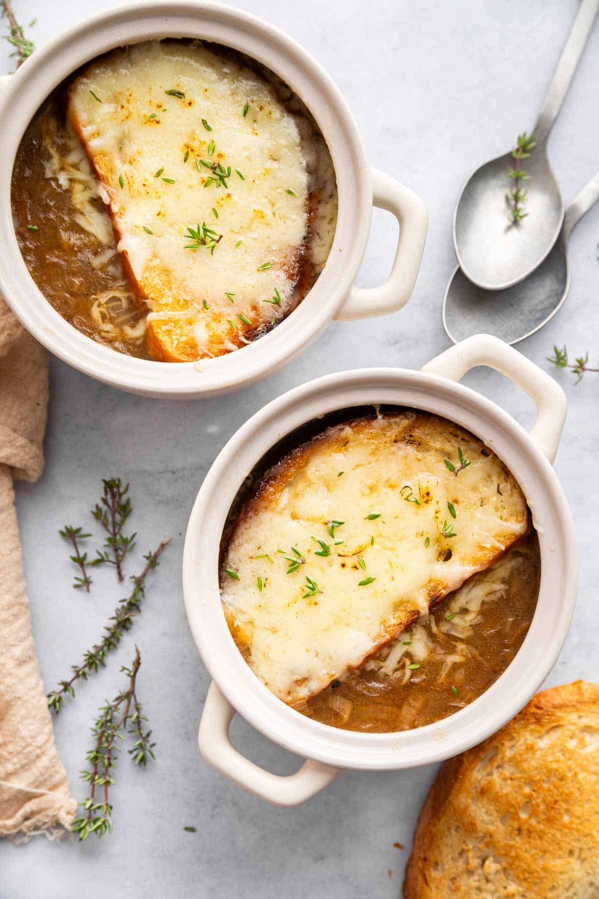 French onion soup for two in two crocks.