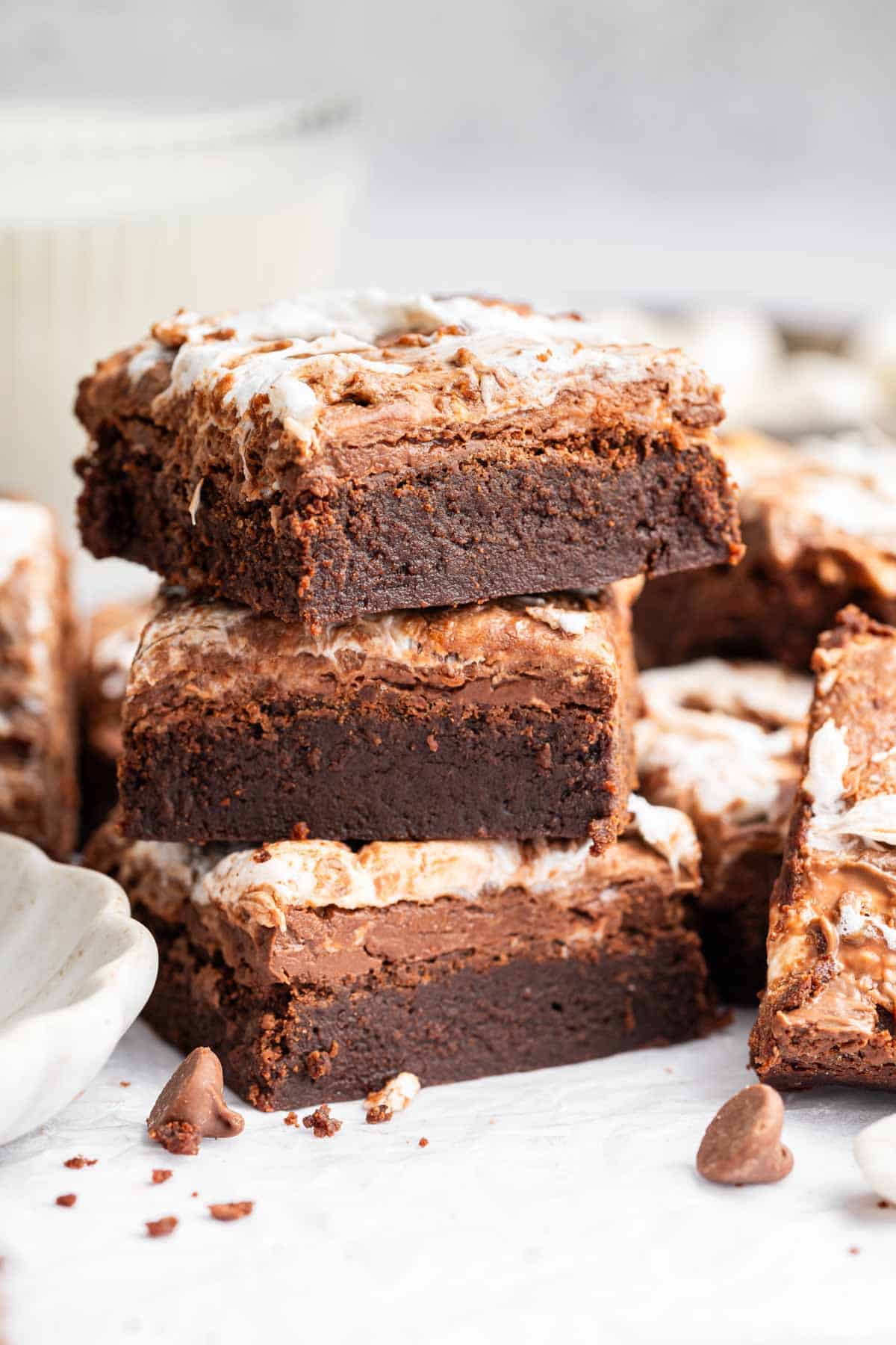 Stack of 3 marshmallow brownies (also called Mississippi mud brownies).