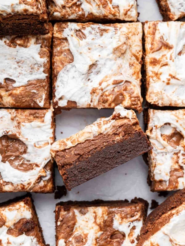 Overhead shot of marshmallow swirl brownies cut into squares.