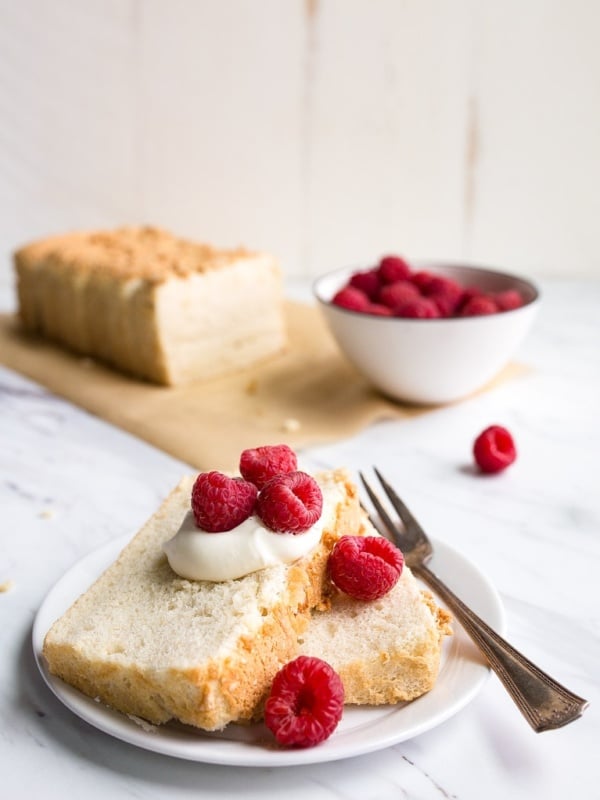 Mini Angel Food Cake in a Loaf Pan. Small angel food cake for one or two people made in a bread loaf pan that makes 8 slices.