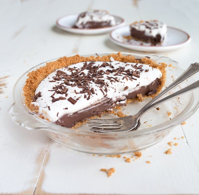 Mini Chocolate Cream Pie for Two. Made in a small pie pan that measures 6" across.
