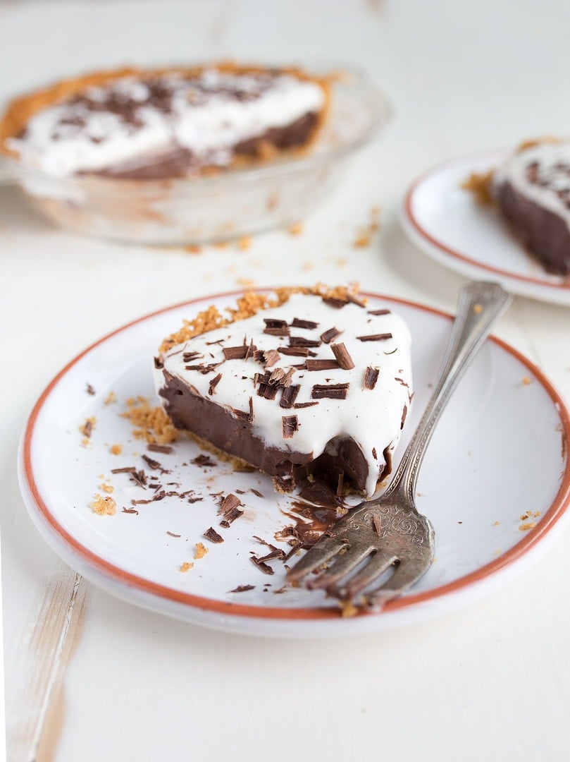 Mini Chocolate Cream Pie for Two. Made in a small pie pan that measures 6" across.