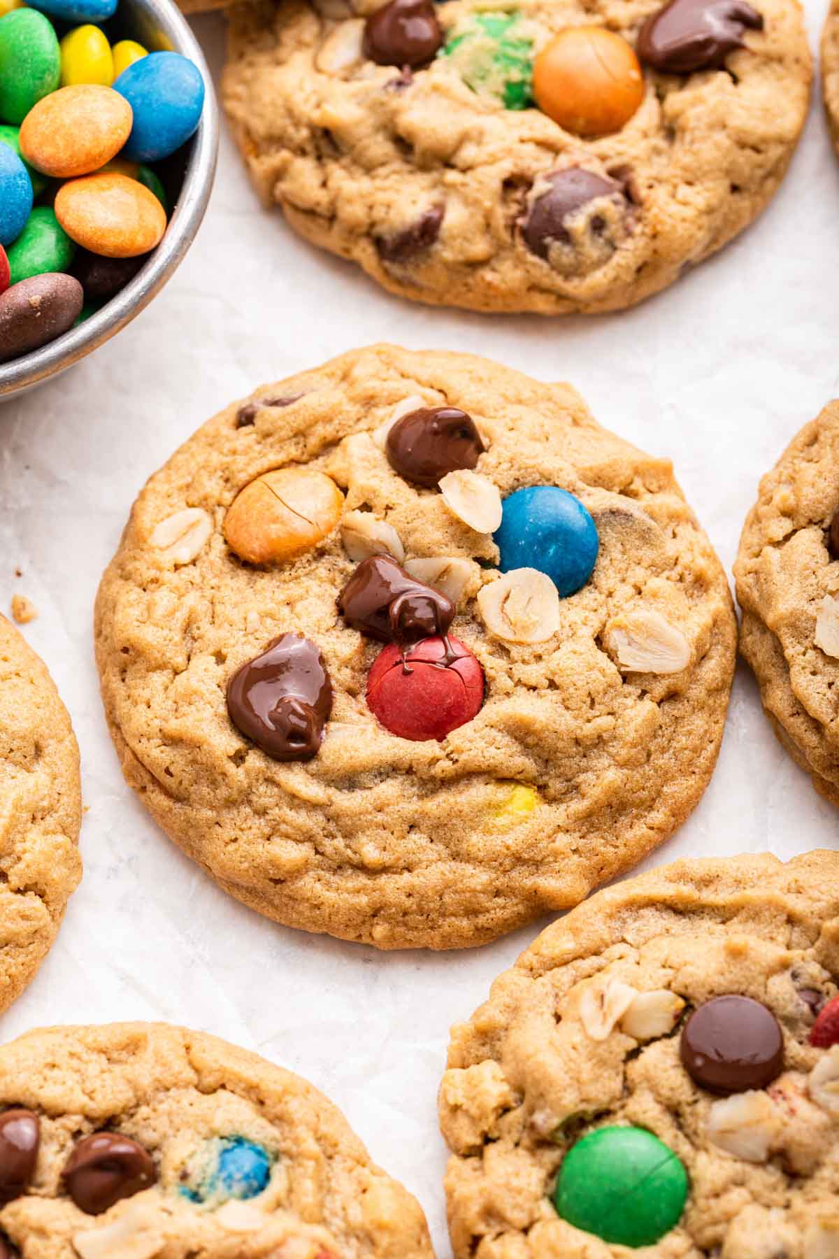 Close up macro shot of cookie with colorful candy.
