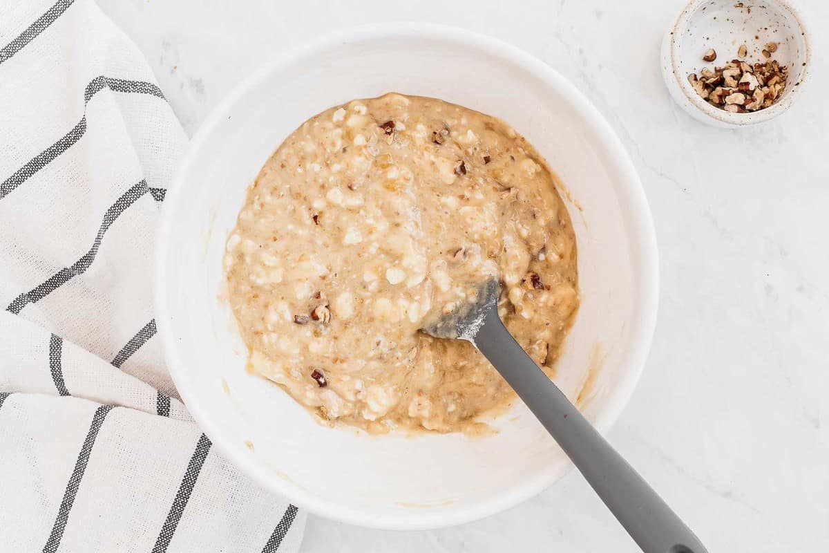 Banana bread batter in a bowl, before baking.