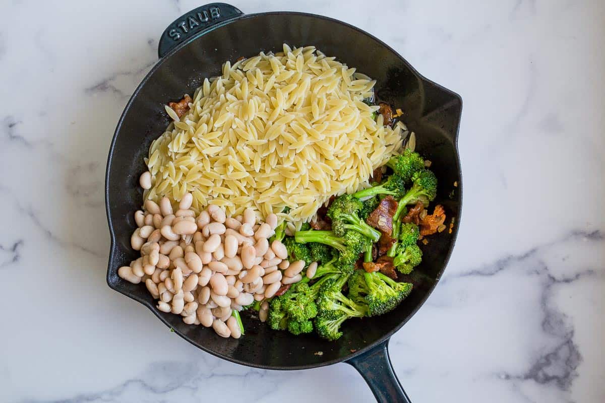 orzo beans and broccoli with bacon