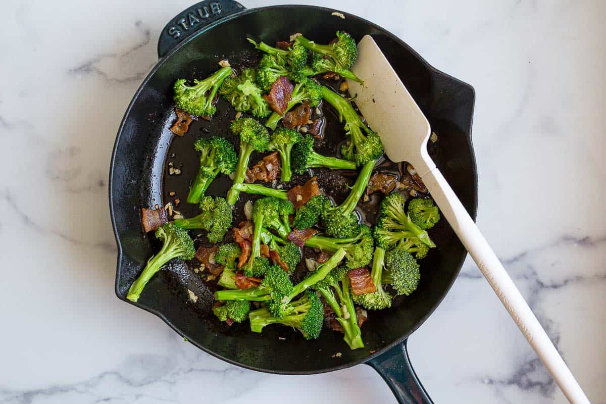 broccoli and bacon in skillet