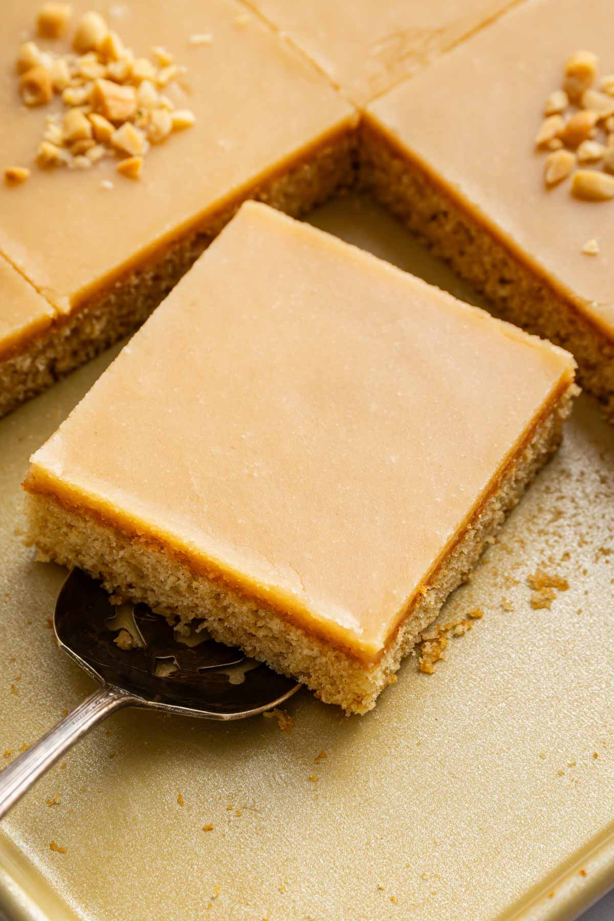 Thick slice of peanut butter cake with peanut butter fudge frosting.
