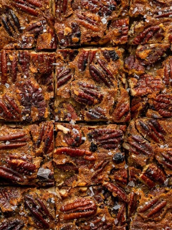 Macro overhead image of pecan pie bars cut into squares.