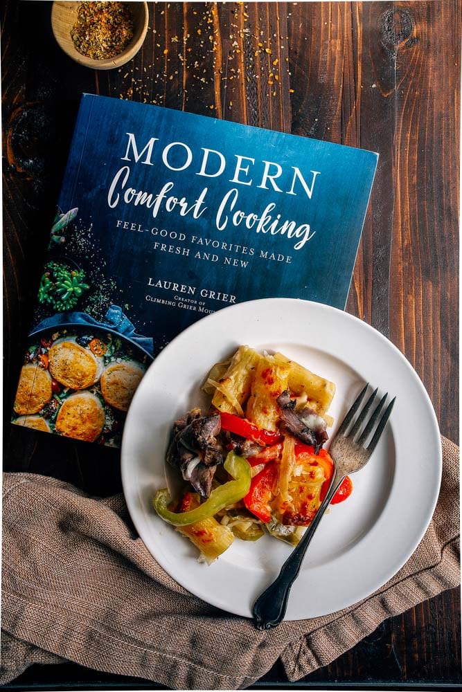 Philly Cheesesteak Pasta. Creamy baked pasta with peppers, onions, and steak.