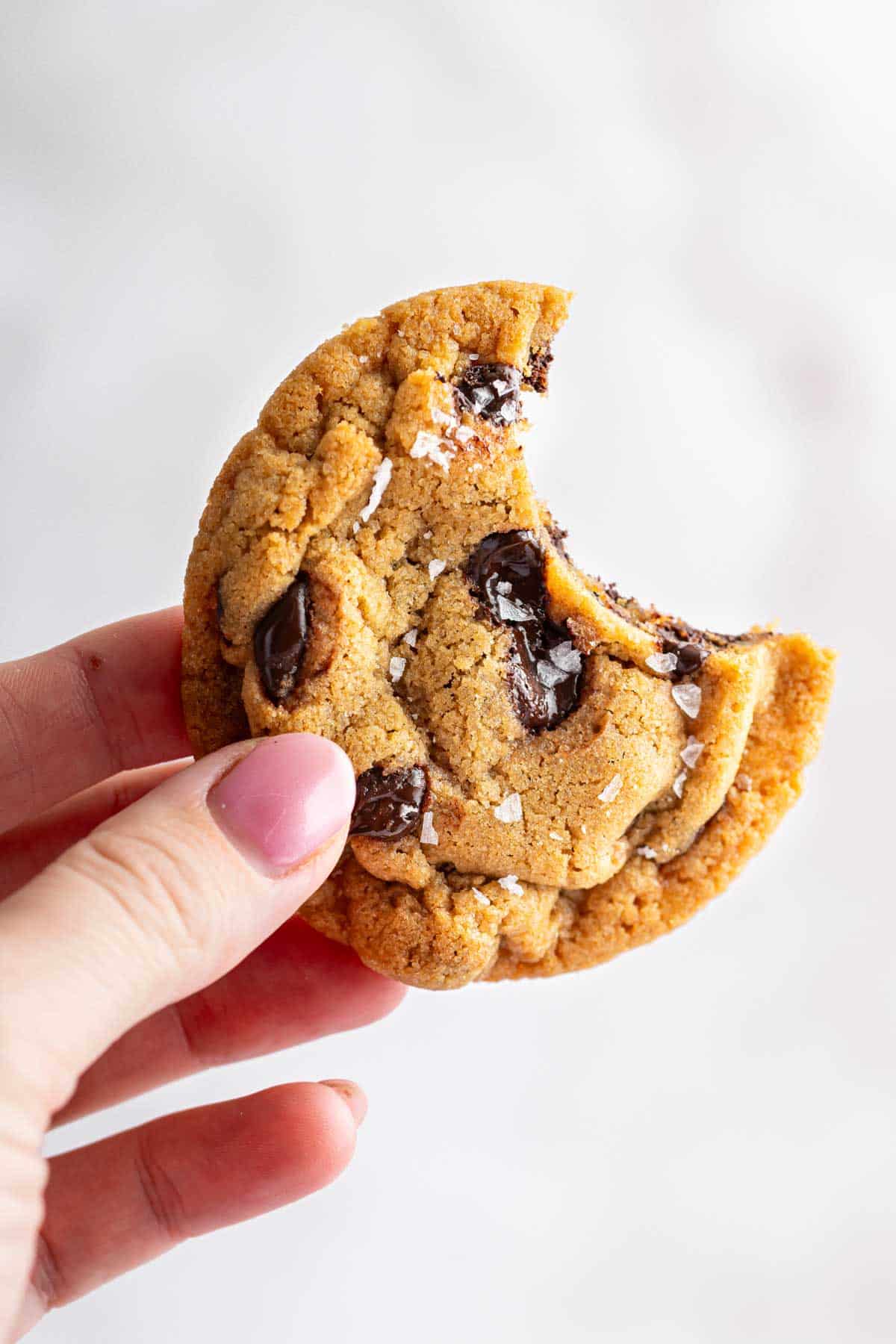 Hand holding a single dessert with a bite missing.