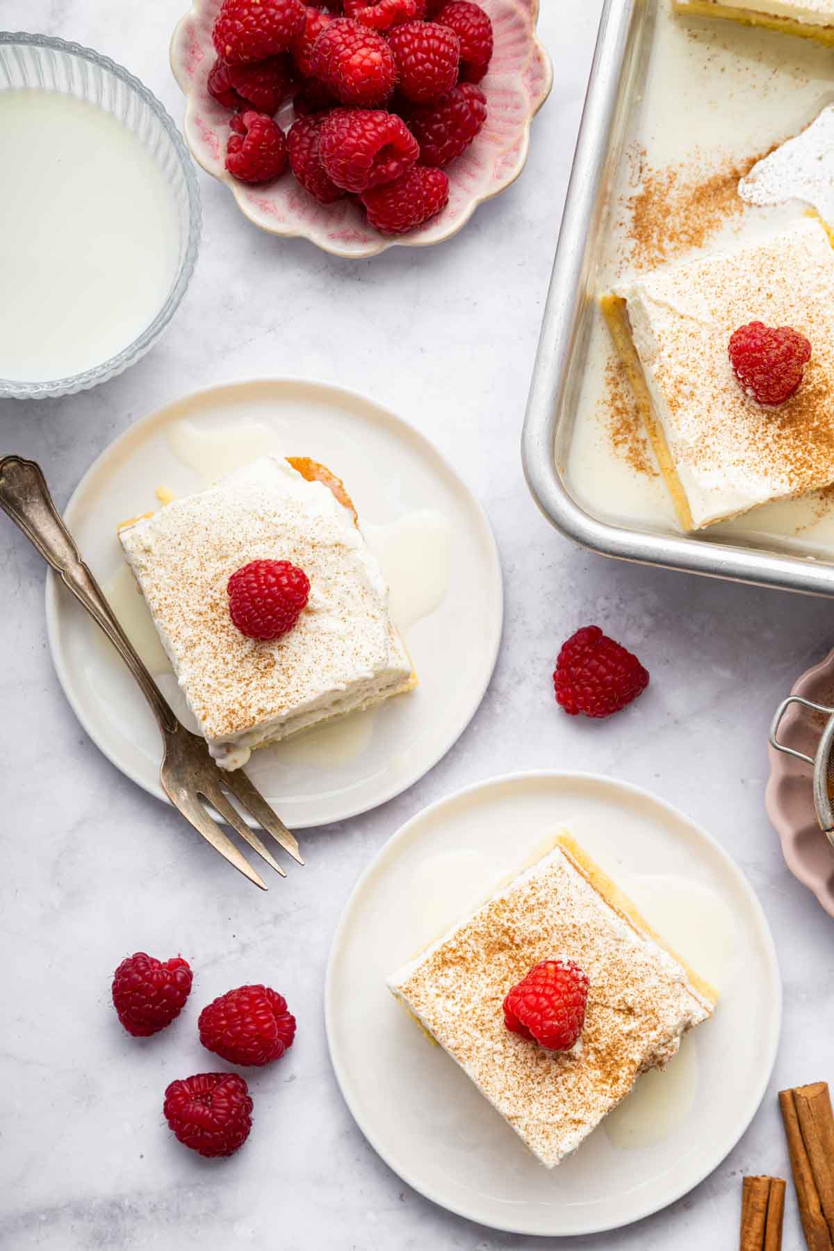 Tres leches cake with two square pieces on plates garnished with fruit.