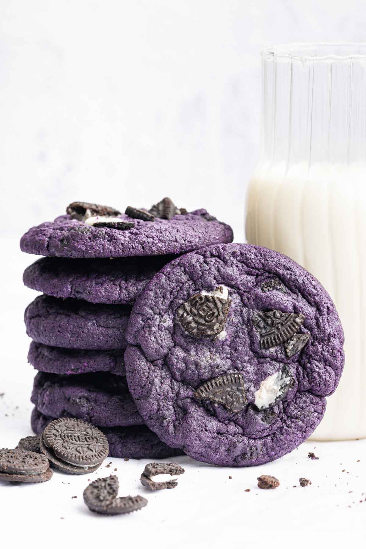 Stack of ube cookies and cream cookies.