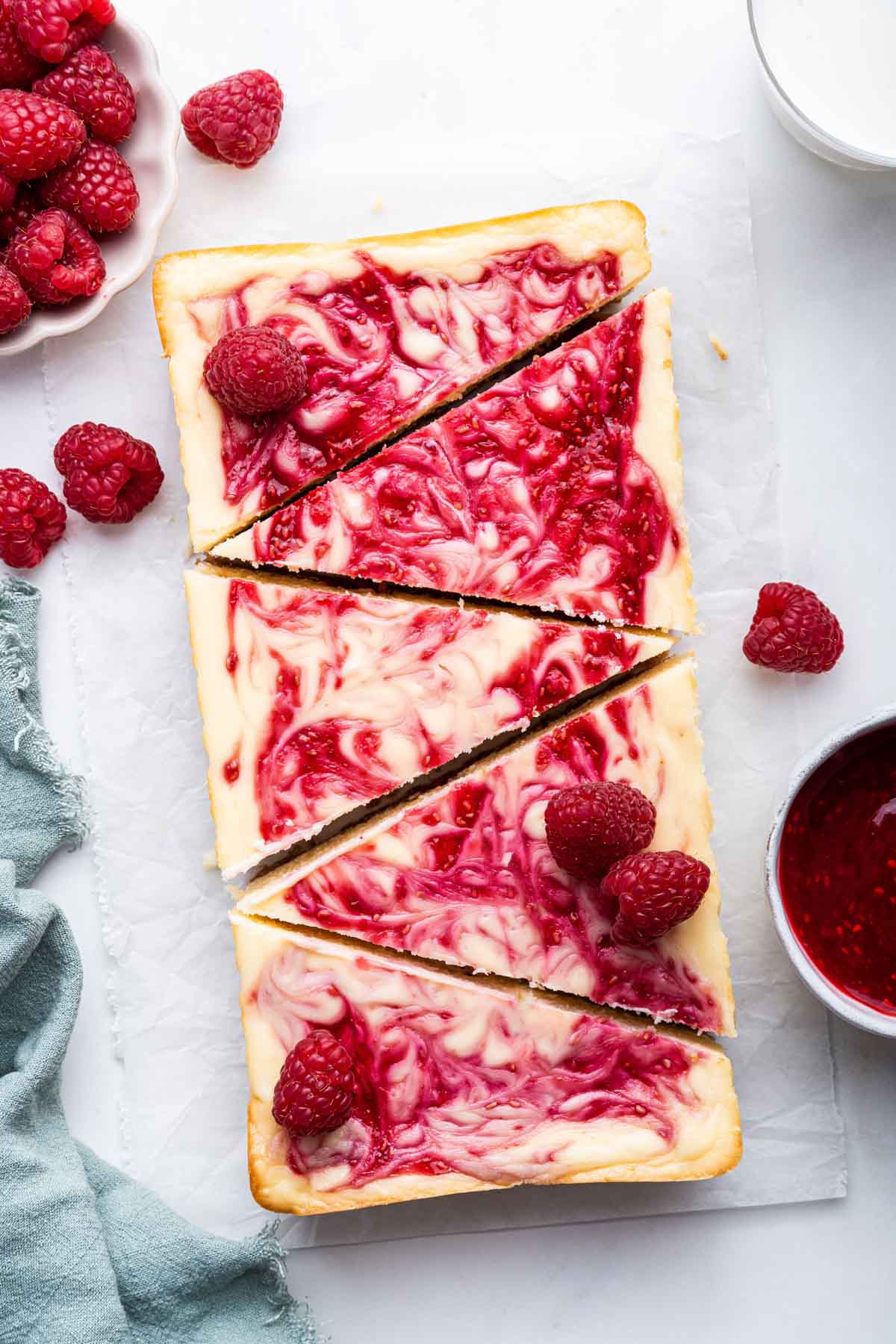 Overhead image of loaf pan dessert sliced into 5 triangles.