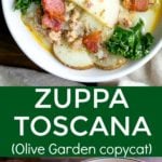 Zuppa Toscana Copycat Olive Garden recipe. Creamy potato soup with sausage, kale, bacon and cream. So easy, so delicious! Easy to modify for food allergies, too!